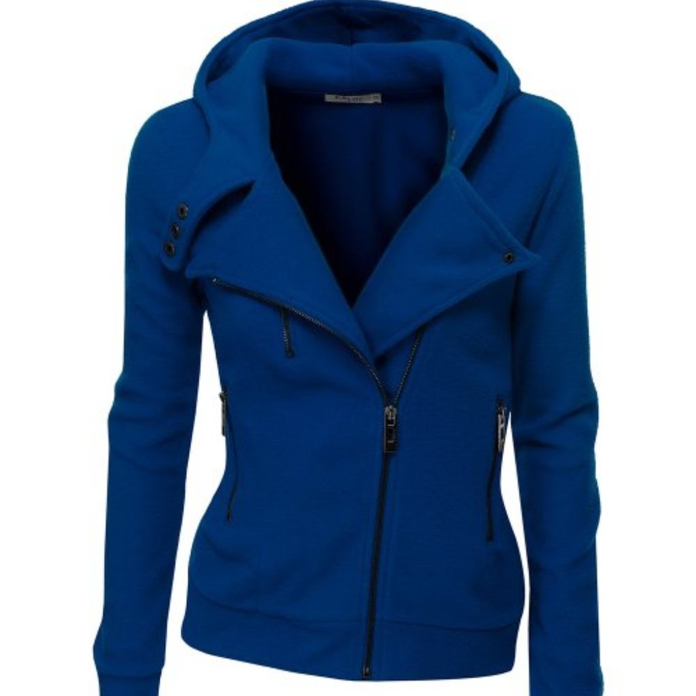 NWT Royal Blue Fitted Fleece Moto Jacket with hood biker style or full z…